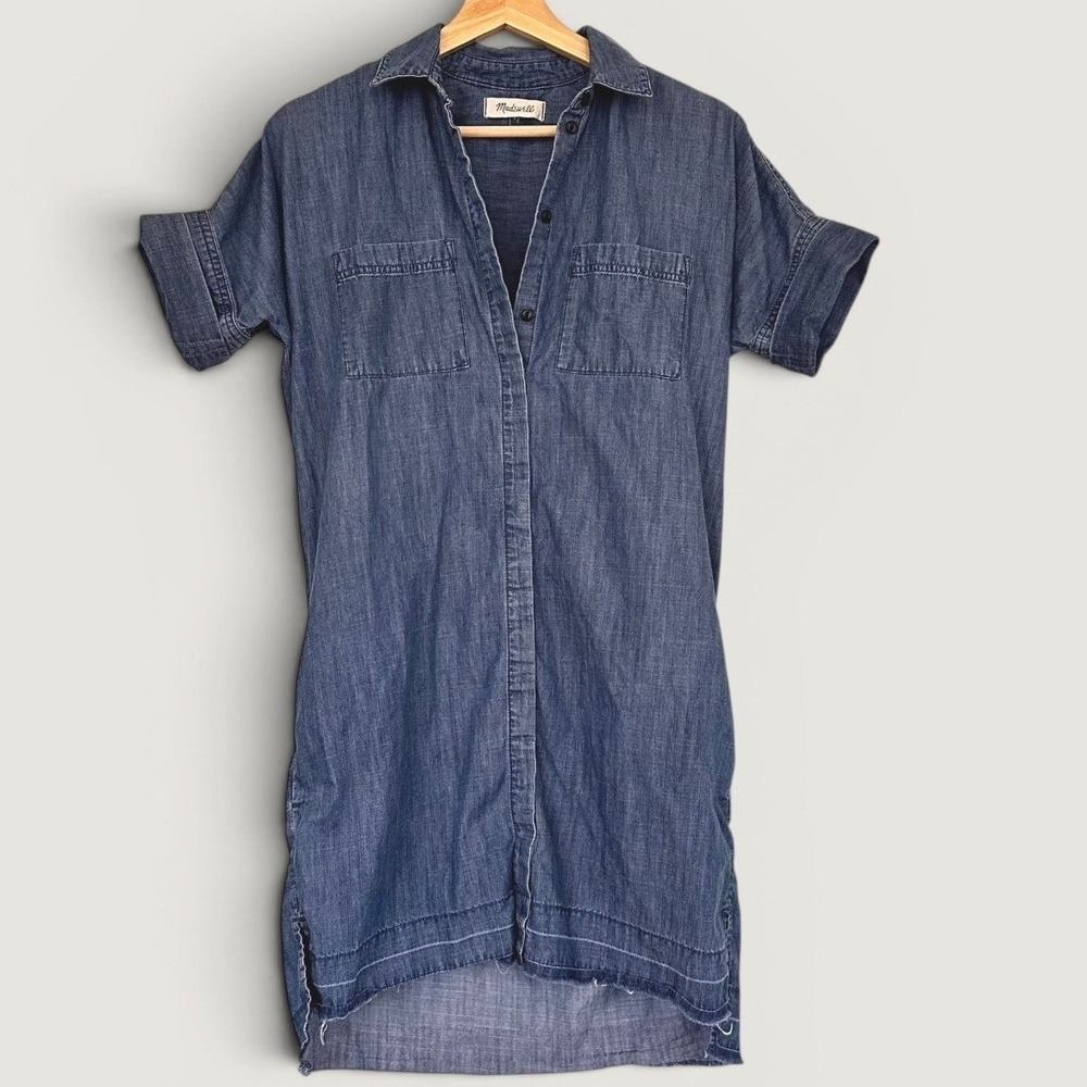 Madewell Denim Shirt Dress Blue Cotton Lyocell Frayed Hem Rolled Sleeve Small
